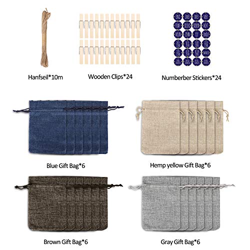 HHOOMY 24 Adventskalender zum Befüllen Selbstbefüllen Geschenktasche,24 Zahlen-Aufklebern Sackleinen Beutel für den Adventskalender zum Basteln und Befüllen, Weihnachten Basteltasche