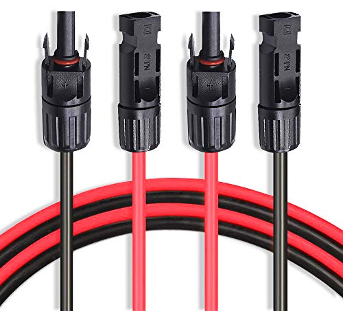 Cable de extensión solar de 10 AWG, 50 pies de calibre 10 (6 mm²), cable de extensión de panel solar con kit de adaptador de conector solar hembra y macho (50 pies rojo + 50 pies negro)