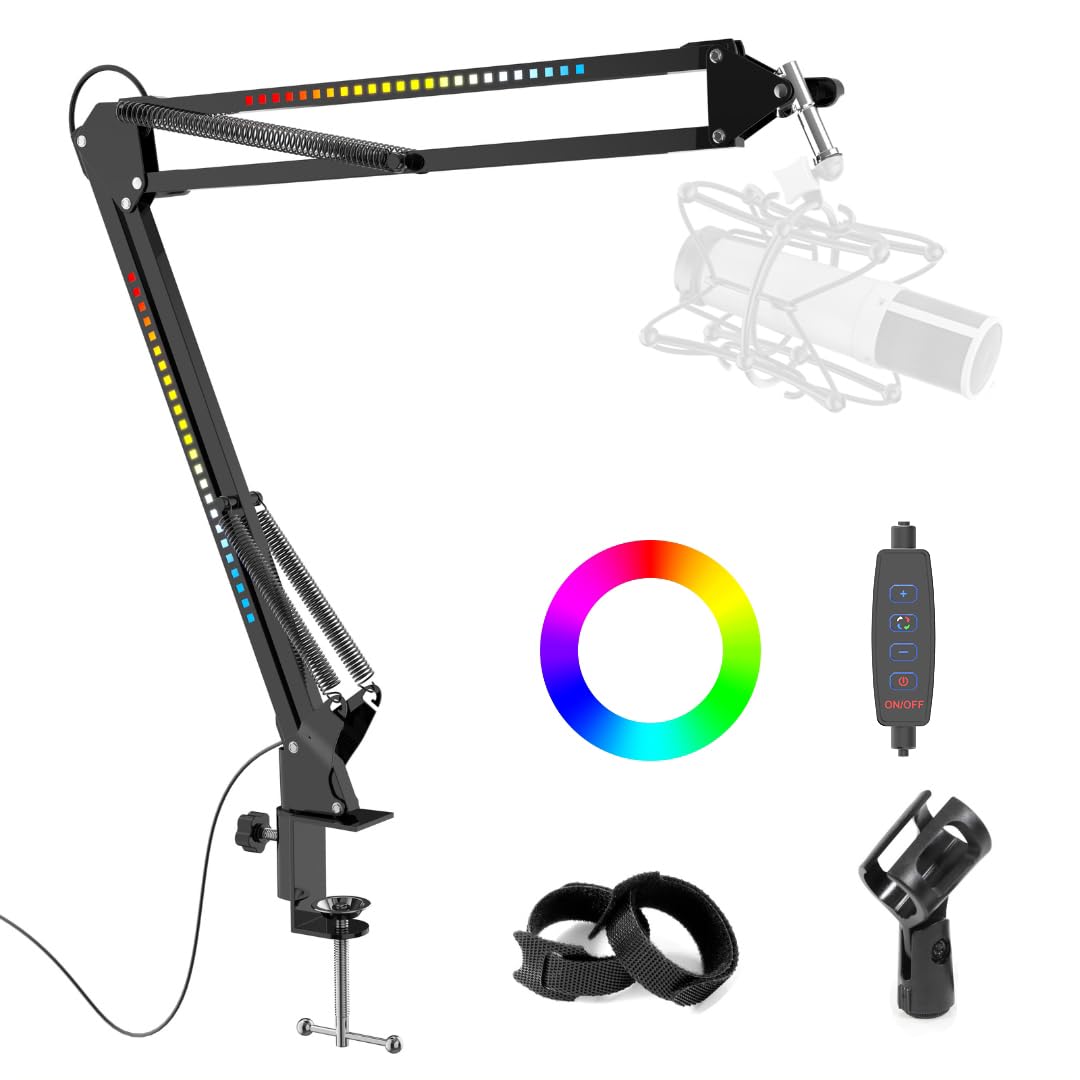 SIMPLURFI RGB Boom Arm, Adjustable Mic Stand with Desk Mount Clamp and Mic Clip, Compatible with HyperX Quadcast, Blue Yeti, Rode, Shure SM78 for Streaming, Gaming, Youtube Recording (black)