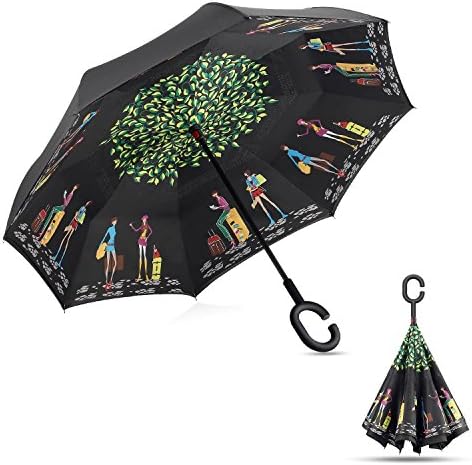 Double Layer Inverted Travel Umbrella Cars Reverse Umbrella, Windproof UV Protection Folding Umbrellas for Car and Outdoor Use With C-Shaped Handle and Carrying Bag