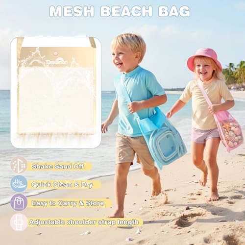 Dreamon Beach Sand Toys 3 Set Collapsible Bucket and Spade Beach Set Kids with Sand Sifters Beach Shovel Rakes Seashell Bag Outdoor Toys for Children Toddlers 3 4 5 Years Old