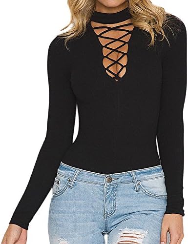 Nextgale Women's Halter Long Sleeve Lace up Knit Tight Bodysuit Jumpsuit Leotard