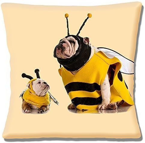 English Bulldog with Cute Puppy 'Dressed as Bees' on Cream - 16 (40cm) Pillow Cushion Cover by Cushions Corner