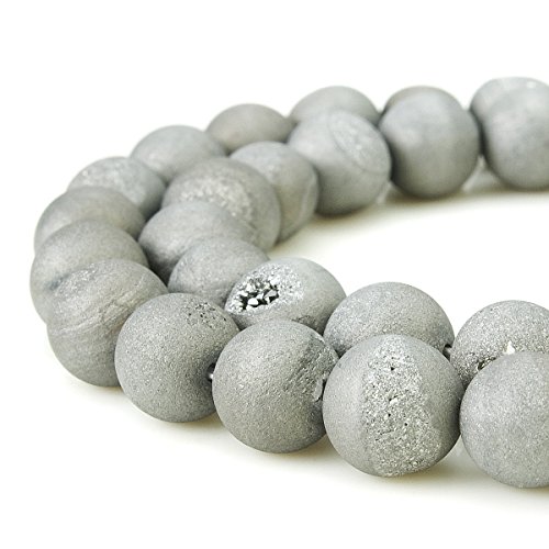 BEADNOVA 8mm Natural Grey Druzy Agate Gemstone Gem Strand Round Loose Beads for Jewelry Making