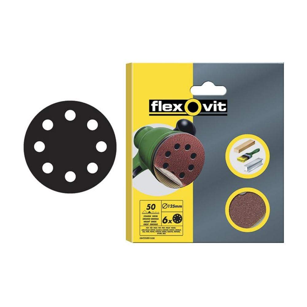 Flexovit Hook & Loop Sanding Discs 125 mm Coarse 50g (6) FLV26387, multi-coloured, 6 x 50g