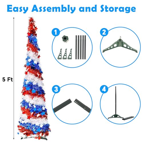 5Ft Pop up Christmas Tree 4th of July Patriotic Decorations Tree, Artificial Collapsible Star Sequins Christmas Tree for Indoor Outdoor Independence Day Red White and Blue Decorations