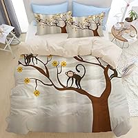 TARTINY Beige Duvet Cover Set, Cute Monkey Animations Fun Chimpanzees Climbing on Daisy Trees Animal Life Figure Design, Decorative 3 Piece Bedding Set with 2 Pillow Shams