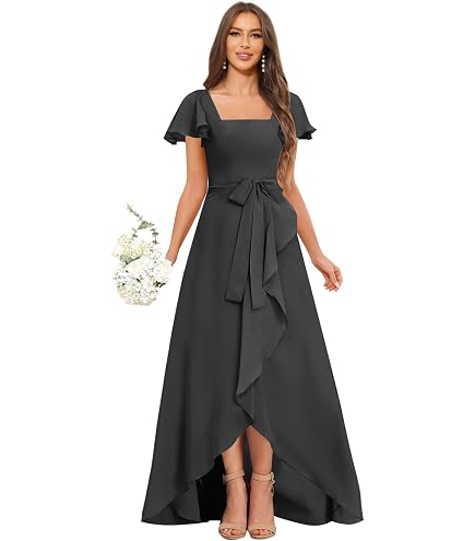 GUKARLEED Ruffles Black Bridesmaid Dresses with Side Pockets Wrap Pleated V Neck Formal Dress with Slit for Women US0 : Clothing, Shoes & Jewelry