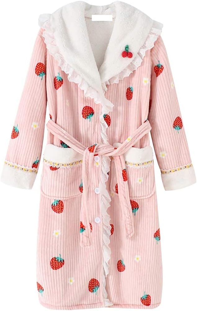 Bathrobe Women Bathrobe Cute Coral Fleece Robes Soft Sleepwear Winter Warm for Bathroom Bedroom