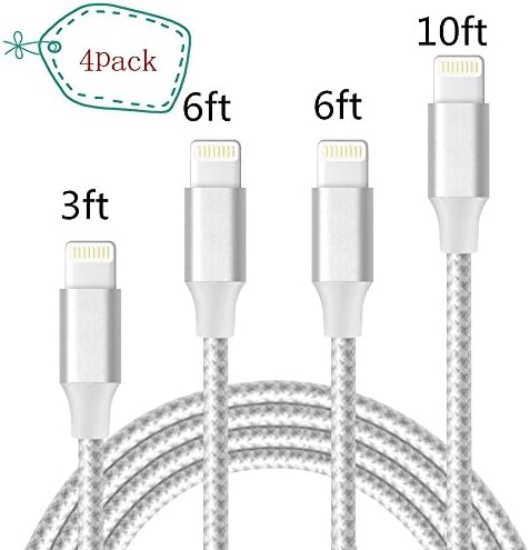 iPhone Charger,4 Pack(1M 2M 2M 3M) Lightning Charging Cable, Multi Safety Defense, Nylon Braided, Ultra Durable, for iPhone X / 8 /8 Plus/ 7/7 Plus /6 /6 Plus/5s-Silver- Cable