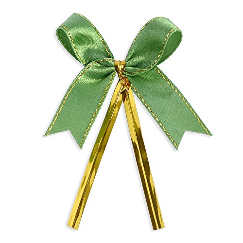 Ribbon Bows with Twist Ties (100 Pieces) - Medium Size: 2 Inches - Made of High Quality Satin Ribbon - Great for Bakery Bag, Cello Bag, Lollipop, Cake Pop and Wedding Favor (Green and Gold)