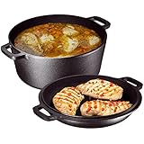 Heavy Duty Pre-Seasoned 2 In 1 Cast Iron Double Dutch Oven and Domed Skillet Lid By Bruntmor, Versatile Healthy Design, Non-Stick, 5-Quart