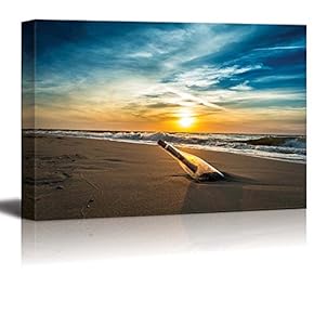 Canvas Prints Wall Art - Romantic Message in a Bottle Washed Shore The Beach Sunset | Modern Wall Decor/Home Decoration Stretched Gallery Canvas Wrap Giclee Print. Ready to Hang - 12" x 18"