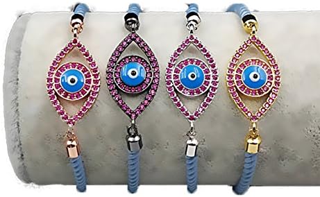 WKT Fashion Gorgeous Blue Silk Cord Charm Bracelet with Rose Color Cubic Zircon Cool Evil Eye Bracelet by GemOfOphir