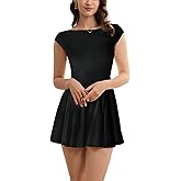 Velius Women Sexy Boat Neck Cap Sleeves Backless Pleated A Line Short Mini Dress