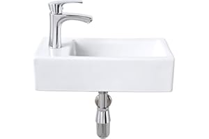 Corner Wall Mount Bathroom Sink with Faucet and Drain Combo-Bokaiya 18 Inch Small Wall Mount Corner Sink Rectangle White Porcelain Ceramic Vanity Corner Sink, Left Hand