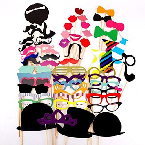 Leiwo Photo Booth Props 58 piece DIY Kit for Wedding Party Reunions Birthdays Photobooth Dress-up Accessories & Party Favors, Costumes with Mustache on a stick, Hats, Glasses, Mouth, Bowler, Bowties