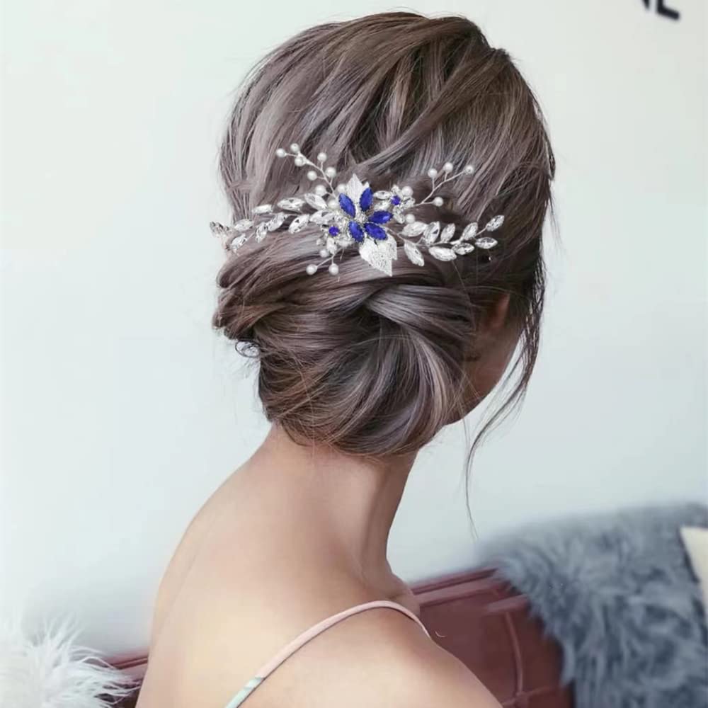 ISLHJDD Women Sapphire Crystal Blue Flower Headpiece Leaf Pearl Hair Vine Comb Wedding Hair Accessory Decorative for Bride Bridesmaid Girls (Silver A)
