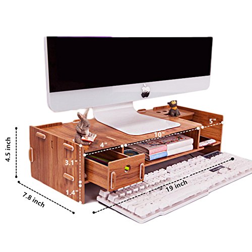 MineDecor Wood Desk Organizer with Drawer Trays Office Desktop Organizers Computer Holder Monitor Stand Riser Laptop Cellphone Printer Stand, Black