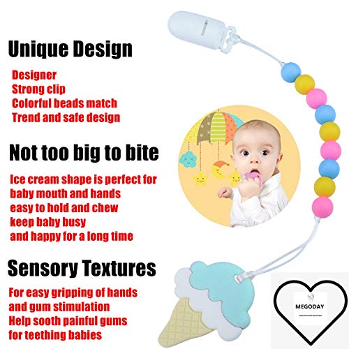 MEGODAY Designer Teether Pacifier Holder with Baby Teething Toy,Silicone Ice Cream Chewlery for Boys and Girls,Universal MAM Soothie Clip Adapter (Blue/Yellow/Pinks) - Thumbnail 6