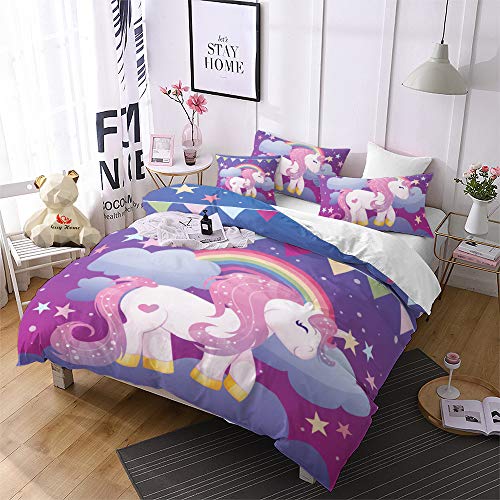 Jessy Home Unicorn Bedding Queen for Girls Cartoon 3D Duvet Cover Set 3 Pieces Purple 2 Pillowcase