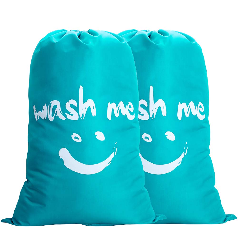 IHOMAGIC Laundry Bag 2 Pack Extra Large, 100-120L Foldable Storage With Drawstring Cord Lock Closure, Nylon Dirty Clothes for Bedroom Home or Dormitory and Travel, Smile Fabric, Blue
