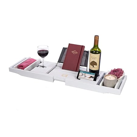 Badezimmerablage Teleskop-Badewanne-Halter, Multifunktions-IPad-Handy-Filmregal Bücherregal Rutschfeste Handtuch-Bambusschale