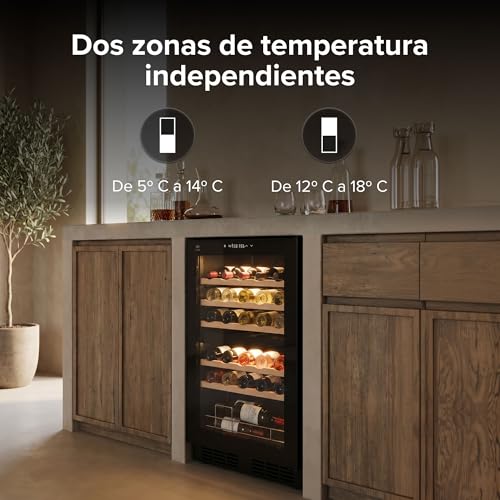 AVERA Cava de vinos para 33 botellas, Capacidad 88 L, Doble zona de enfriamiento, Temperatura 5 a 18°C, Panel de control táctil, Luz LED, Bloqueo automático, Enfriamiento por compresor | EV33