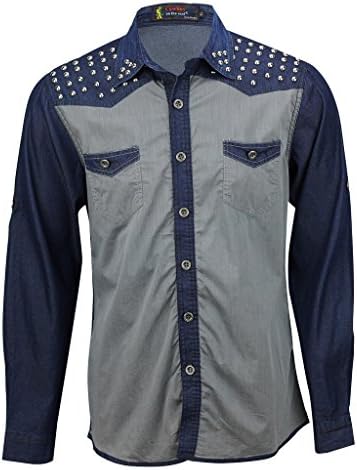 Men’s Cotton Denim Blue Grey Western Roll up Long Sleeves Pocket Slim Fit Round Metal Stud Shirt