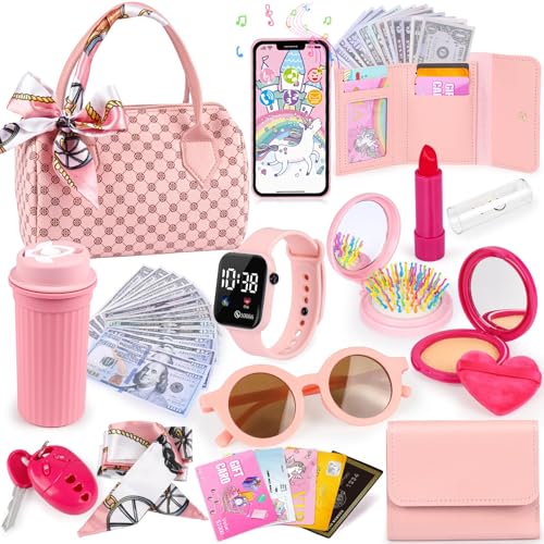 Uniiking® 32PCS Toddler Purse with Pretend Makeup for Kids, Play Purse for Little Girls, Princess Toys Includes Handbag, Phone, Wristwatch, Silk Scarf Kids Toy Purse Birthday Gift for Girls 3 4 5 6 +