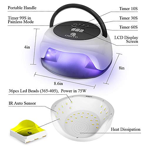 OHIYO Nail Dryer, UV Nail Lamp 75W Led Nail Curing Lamp, Nail Polish Dryer LED Curing Light UV Lamp for Gel Nails 4Timer Setting, Memory Function For Manicure Gel Nail Polish, Fingernail & Toenail