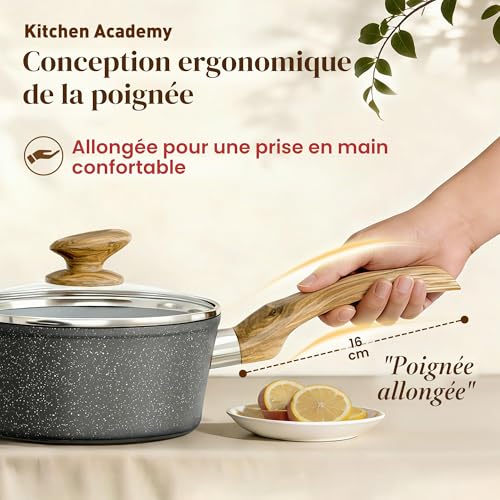 Kitchen Academy 12-Piece Set Frying Pan and Saucepan Induction Battery Grey | Non-Stick Granite Cookware for All Hobs, 100% Healthy and PFOA and PFOS-Free, Easy to Clean