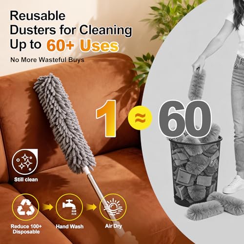 Tiumso Microfiber Feather Duster 5-in-1 Kit, Dusters for Cleaning, Duster with Extension Pole 100 Inches, Cobweb Duster, Microfiber Dusters for High Ceilings and Fans, Blinds, Cars and Furniture
