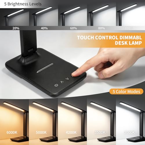 YAMYONE Lámpara de Escritorio LED con Puerto USB, Control Táctil, Luz Protectora Ocular, 5 Modos de Color y 5 Niveles de Brillo, Ideal para Dormitorio, Estudio y Mesita de Noche (Negro)