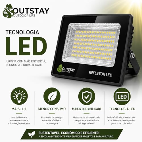 Refletor LED 400W 120 LEDs Branco Frio Bivolt IP67 Alta Potência Para Área Externa OutStay