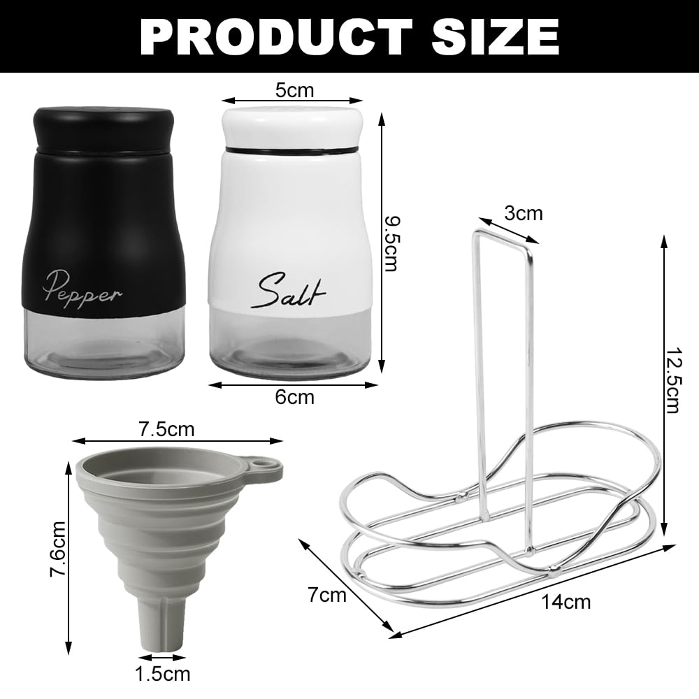 Fyfjur Salz und Pfefferstreuer Set, Salzstreuer mit Halter und Silikontrichter, Edelstahl und Glas Salz Pfefferstreuer für Gewürze 2