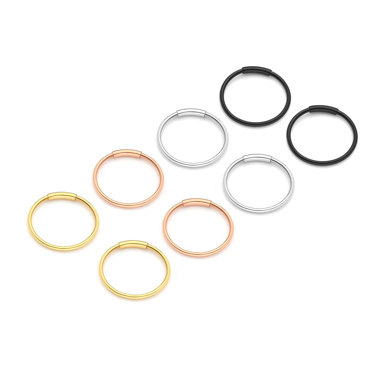 PiercingJak 8pcs Mixed Color Stainless Steel 20G 8mm 10mm Hinged Clicker Seamless Nose Hoop Rings for Nose Ear Helix Cartilage Tragus Daith Septum Eyebrow Lip Body Piercing Jewelry