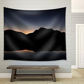 Silhouette of Mountain with Reflection in Lake at Dusk - Fabric Wall Tapestry Home Decor - 51x60 inches