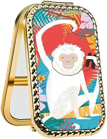 Specialized Design Rectangle Golden Monkey Palm Tree Portable makeup mirror, Travel Compact Portable Pocket Folding Makeup Vanity Cosmetic Mirror for Women
