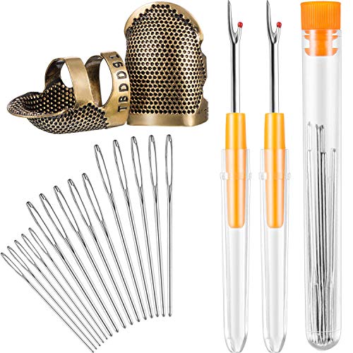 Sewing Tool kit, 2 Pieces Sewing Thimble Finger Protector Copper Adjustable Finger Protector and 2 Pieces Seam Stitch Rippers and 15 Pieces Large-Eye Yarn Knitting Needles