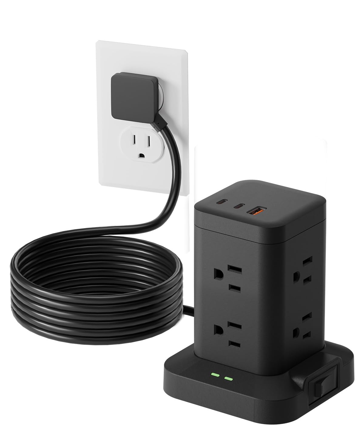 Tagzilo Power Strip Tower with Surge Protector 1800J, Fast Charging Tower PD20W USB-C Ports with 8 AC Outlets, Extension Cord for Home Office Dorm Room, Black, 5FT
