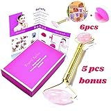 Jade Face Roller with BONUS Feet Cleansing Pads (Pack of 4) & Silicone Face & Neck Brush - Himalayan Rose Quartz Anti-Aging Roller Massager Treatment/Natural Beauty Skincare Tool