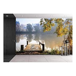 Autumn Landscape with Mist on The Lake and a Pier Bathing on Sunshine - Removable Wall Mural | Self-Adhesive Large Wallpaper - 66x96 inches