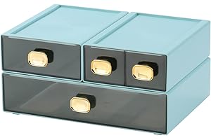 OSteed Spacious Desktop Storage Box, 1 Large 1 Middle & 2 Small Storage Drawers, Stackable Office Desk Drawer Organizer and Accessories, Printer Paper Organizer, Cyan Plastic Drawers for Workspace