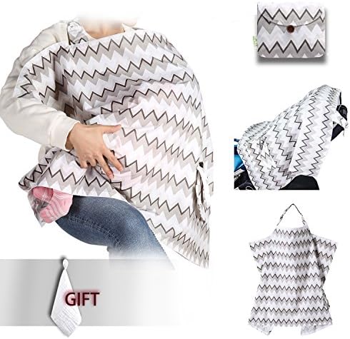 Umiin Nursing Cover Breastfeeding Cover Super Soft Breathable Cotton Sewn in Pouch with Rigid Neckline Opening for Baby Eye Contact (Chevron) Muslin baby Towel Free