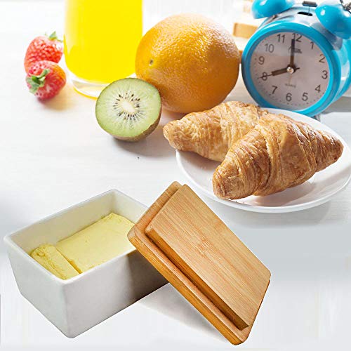 Butter Dish with Bamboo Lid Butter Keeper Porcelain Food Storage Container Candy Box Heat Resistant to 900 Degree Baking Dish Baker(500ml) - Thumbnail 5