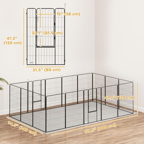 PawHut Dog Playpen, 31.5" W Heavy-Duty Metal Puppy Play Pen, Pet Exercise Fences for Outside and Indoor, DIY Design with Door for Large Dogs, 16 Panels, 47" H