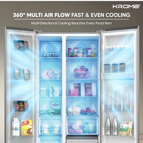 Krome 820L Gross Side-by-Side Refrigerator, 595L Net Capacity, No Frost, Inverter Compressor, Quick Cooling & Freezing, LED Touch Control, Twist Ice Maker, Dark INOX Metal Doors, KR-SBS 820WIH
