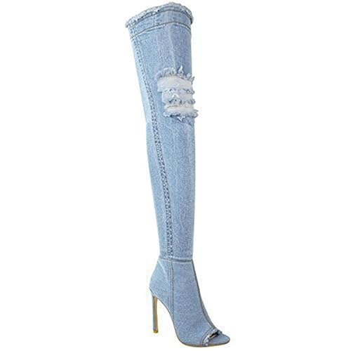Damen Damen Überknie Stiefel Oberschenkel High Heels Stilettos Stretch Denim Größe