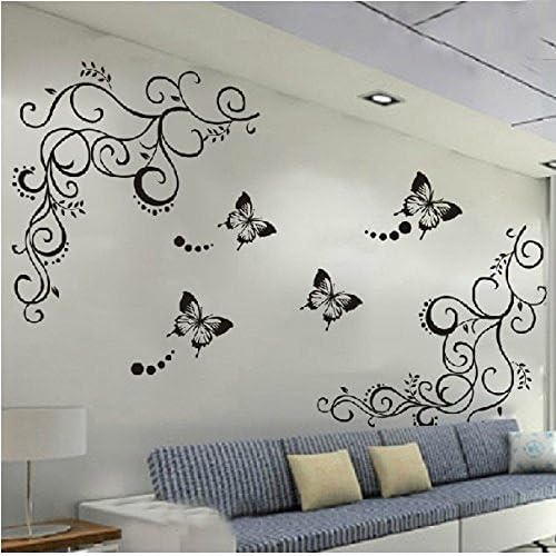 Hupplle®Hot Fashion Removable Vinyl Diy Black Nursery Flowers Vine and Beautiful Butterfly Wall Corner Decals Wall Sticker Murals (Black)